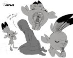  2019 ambiguous_gender artca9 clothed clothing digital_media_(artwork) eyes_closed female feral fur greyscale human lagomorph macro mammal micro monochrome nintendo open_mouth pok&eacute;mon pok&eacute;mon_(species) scorbunny simple_background size_difference text tongue video_games vore white_background 
