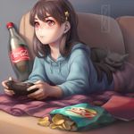  animal animal_on_back bangs black_cat blanket book bottle brand_name_imitation brown_hair cat chips closed_mouth coca-cola controller cushion drawstring drink food frown game_controller gamepad hair_between_eyes hair_ornament hairclip highres holding hood hood_down hoodie indoors kotikomori long_hair long_sleeves lying messy_room on_stomach original playing_games potato_chips red_eyes shade snack solo star star_hair_ornament swept_bangs 