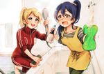  :d apron ayase_eli bangs bathroom bathtub blonde_hair blue_eyes blush bottle commentary_request graphite_(medium) green_pants hair_between_eyes holding holding_bottle holding_shower_head horizontal_stripes indoors jacket kneeling love_live! love_live!_school_idol_project multiple_girls nose_blush open_mouth pants purple_hair red_jacket shirt shower_head signature sleeves_rolled_up smile sonoda_umi sponge spray_bottle standing striped striped_shirt suito tile_floor tiles towel traditional_media water watercolor_pencil_(medium) yellow_apron 