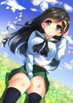  ahoge bad_id bad_pixiv_id bangs belly_peek between_legs black_hair black_legwear blouse blue_eyes blue_sky blush brown_hair closed_mouth cloud day dutch_angle eyebrows eyebrows_visible_through_hair floating_hair flower girls_und_panzer grass green_skirt hand_between_legs hand_in_hair hand_on_own_head isuzu_hana kneehighs long_hair long_sleeves looking_at_viewer miniskirt neko_neko_koneko on_ground ooarai_school_uniform outdoors petals pleated_skirt school_uniform serafuku sitting skirt sky smile solo white_blouse wind yellow_flower 