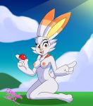  2019 3_toes 4_fingers anthro barefoot big_ears biped blue_sky breasts buckteeth cloud day detailed_background digital_media_(artwork) female front_view full-length_portrait fur holding_object ikaribunbun kneeling lagomorph long_ears looking_at_viewer mammal multicolored_fur navel nintendo nipples nude open_mouth orange_eyes orange_fur outside pink_nipples pink_nose pok&eacute;ball pok&eacute;mon pok&eacute;mon_(species) portrait scorbunny short_tail signature sky small_tail solo teeth toes two_tone_fur video_games white_fur white_tail 