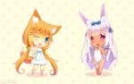  animal_ears blue_eyes bunny_ears bunny_girl bunnysuit chibi dark_skin detached_collar dress eyebrows_visible_through_hair fang fishnet_pantyhose fishnets fox_ears fox_shadow_puppet fox_tail hair_ornament hairclip highres leotard looking_at_viewer ming_(3952862) one_eye_closed open_mouth original pantyhose red_eyes strapless strapless_leotard tail white_dress wrist_cuffs 