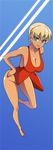  bare_shoulders blonde_hair blue_eyes breasts cleavage large_breasts leaning_forward life_guard looking_at_viewer original parted_lips short_hair smile solo standing swimsuit tanned_skin xugashi 