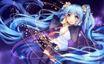  :d artist_name bison_cangshu black_legwear blue_eyes blue_hair detached_sleeves hatsune_miku highres long_hair necktie open_mouth planet pleated_skirt shirt skirt sleeveless sleeveless_shirt smile solo star star-shaped_pupils symbol-shaped_pupils thighhighs twintails very_long_hair vocaloid yellow_neckwear 