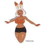  1girl animal_ears bandaid bandaid_on_face bike_shorts breasts bunny bunny_ears creatures_(company) dark_skin female fingerless_gloves game_freak gen_8_pokemon gijinka gloves happy highres nintendo orange_eyes outstretched_arms personification pokemon pokemon_swsh scorbunny short_hair shorts signature sketch skindentation spandex sports_bra standing teeth that-girl-whodraws thick_thighs thighs white_hair 