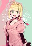  :d ahoge aran_sweater bag blonde_hair casual collarbone fate/extra fate/extra_ccc fate_(series) green_eyes hair_intakes hair_ribbon handbag koshiro_itsuki nero_claudius_(fate) nero_claudius_(fate)_(all) open_mouth pink_sweater ribbon short_sleeve_sweater short_sleeves smile solo sweater turtleneck 
