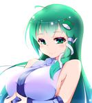  blush breasts detached_sleeves frog_hair_ornament green_eyes green_hair hair_ornament hair_tubes highres kochiya_sanae large_breasts long_hair looking_at_viewer sherumaa_(shellmound) simple_background smile snake_hair_ornament solo touhou white_background 