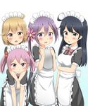  :&gt; ahoge akebono_(kantai_collection) alternate_costume apron bandaid bandaid_on_face black_hair blush enmaided flower hair_bobbles hair_flower hair_ornament kantai_collection light_brown_hair looking_at_viewer maid maid_headdress multiple_girls nedia_(nedia_region) oboro_(kantai_collection) open_mouth pink_hair puffy_short_sleeves puffy_sleeves purple_hair sazanami_(kantai_collection) short_hair short_sleeves side_ponytail twintails ushio_(kantai_collection) v-shaped_eyebrows waist_apron white_background 