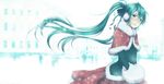  alternate_costume alternative_costume aqua_eyes blue_hair blush clothes earmuffs eventh7 female hatsune_miku highres horo-haromizuno long_hair looking_at_viewer resized ribbon santa_claus santa_claus_(cosplay) smile solo twintails vocaloid winter winter_clothes 