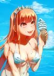  :p absurdres bad_id bad_pixiv_id bangs bare_arms bare_shoulders bikini blue_sky blunt_bangs blush breasts cleavage cloud collarbone crazy_eyes day fate/grand_order fate_(series) food food_on_body food_on_face henakon highres holding holding_food ice_cream ice_cream_cone long_hair medb_(fate)_(all) medb_(fate/grand_order) medium_breasts melting midriff navel ocean orange_eyes orange_hair outdoors sky solo stomach summer swimsuit tongue tongue_out underboob water white_bikini wide_hips 