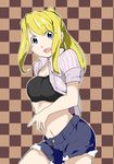  :d bandeau blonde_hair blue_eyes blush breasts checkered checkered_background cleavage cowboy_shot cutoffs earrings fullmetal_alchemist highres jewelry koma_kitsune_(kururito) long_hair medium_breasts midriff navel open_clothes open_mouth open_shirt ponytail shirt short_shorts shorts smile solo winry_rockbell 