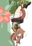  1girl animal_ears arms_behind_back ass bangs blunt_bangs blush brown_hair butt_crack fangs flower frilled_skirt frills glaring open_mouth panties plant raccoon_ears raccoon_girl raccoon_tail raphtalia restrained skirt tail tate_no_yuusha_no_nariagari text_focus translation_request umanosuke underwear upside-down vines white_panties 