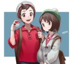 1boy 1girl artist_name backpack bag blue_background brown_hair closed_mouth creatures_(company) erolcy eyebrows eyebrows_visible_through_hair female_protagonist_(pokemon_swsh) game_freak green_hat hat long_sleeves looking_at_viewer male_protagonist_(pokemon_swsh) nintendo open_mouth poke_ball pokemon pokemon_(game) pokemon_swsh red_shirt shirt short_hair simple_background tagme 