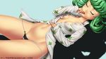  artist_name blue_background breasts cleavage closed_eyes green_hair groin highres lowleg lowleg_panties navel one-punch_man panties partially_undressed shadow small_breasts solo tatsumaki thumb_sucking underwear wallpaper yiqiang 