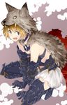  alternate_costume amami_amayu animal_ears armor bare_shoulders berserker_(granblue_fantasy) blonde_hair breasts collar commentary_request djeeta_(granblue_fantasy) fang fangs gauntlets granblue_fantasy greaves looking_to_the_side miniskirt open_mouth pleated_skirt sabaton short_hair skirt small_breasts solo squatting thighhighs white_skirt wolf wolf_pelt 