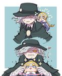  1boy 1girl anger_vein blonde_hair blue_eyes chibi edmond_dantes_(fate/grand_order) fate/apocrypha fate/grand_order fate_(series) fedora formal gloves hat headpiece jeanne_d'arc_(fate) jeanne_d'arc_(fate)_(all) kty_(04) long_hair open_mouth shaded_face short_hair silver_hair smile sparkle suit symbol-shaped_pupils wavy_hair 