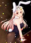  :d alternate_costume animal_ears arm_support bangs bare_shoulders black_leotard black_ribbon blonde_hair blurry blush breasts brown_legwear bunny_ears bunnysuit cowboy_shot eyebrows eyebrows_visible_through_hair eyelashes fake_animal_ears hair_ornament hair_ribbon hairband hairclip highres kantai_collection kiko_(okuwae) large_breasts lens_flare leotard long_hair looking_at_viewer open_mouth pantyhose red_eyes remodel_(kantai_collection) ribbon scarf smile solo strapless strapless_leotard white_scarf wrist_cuffs yuudachi_(kantai_collection) 
