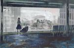  black_hair blurry building chair chaken city cloud cloudy_sky commentary faux_traditional_media fish original ripples school_uniform serafuku short_hair sky solo surreal train_station umbrella water whale 