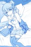  ahoge bag bison_cangshu blazer blue bow breasts cardigan collarbone copyright_request dutch_angle jacket long_hair medium_breasts monochrome on_bed open_mouth pleated_skirt school_bag school_uniform side_ponytail sitting sketch skirt solo thighhighs 
