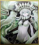  black_gloves breasts cannon cape fangs gloves green_eyes groin hat kantai_collection long_hair looking_at_viewer marker_(medium) medium_breasts mosho navel paint_(medium) shikishi shinkaisei-kan silver_hair solo tentacles traditional_media wo-class_aircraft_carrier 