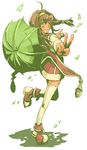  ahoge blush brown_hair cape coat green_eyes hair_ornament hairband lilka_eleniak long_hair low-tied_long_hair lowres mizu_hp one_eye_closed open_mouth sidelocks skirt smile solo source_request thighhighs twintails umbrella white_legwear wild_arms wild_arms_2 yellow_hairband 