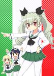  &gt;:) :d \o/ alternate_costume anchovy arms_up bangs black_hair blonde_hair blouse blush braid brown_eyes carpaccio drill_hair flag_background girls_und_panzer green_eyes green_hair green_skirt hand_on_hip italian_flag long_hair long_sleeves looking_at_viewer miniskirt multiple_girls neckerchief ooarai_school_uniform open_mouth outstretched_arms pantyhose pepperoni_(girls_und_panzer) pleated_skirt pointing red_eyes school_uniform serafuku short_hair side_braid skirt smile socks standing twin_drills twintails v-shaped_eyebrows white_blouse yuuki_akira 