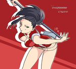  :o black_eyes black_hair boku_no_hero_academia breasts center_opening character_name cleavage large_breasts leaning_forward long_hair nihoncha_(nibantya) outline ponytail red_background skirt solo staff sweatdrop yaoyorozu_momo 