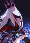  backlighting beads black_legwear black_skirt black_sleeves blue_background breasts broken_glass covered_nipples cowboy_shot crown dark_persona detached_sleeves dress_of_heaven fate/grand_order fate/zero fate_(series) from_side glass gradient gradient_background jacky5493 justeaze_lizrich_von_einzbern large_breasts long_hair looking_at_viewer miniskirt motion_blur orange_eyes parted_lips shade shards sideboob skirt sleeves_past_wrists solo stole teeth thighhighs white_hair 