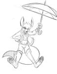  2019 5_fingers anthro barefoot biped black_and_white black_claws canid canine claws clothed clothing fox front_view graphite_(artwork) hair hi_res jacket jerberjer long_tail looking_at_viewer male mammal monochrome pawpads pencil_(artwork) short_hair shorts simple_background solo toe_claws traditional_media_(artwork) umbrella white_background 