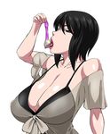 arm_up bangs bare_shoulders black_eyes black_hair breasts cleavage collarbone condom cum erect_nipples female hair_between_eyes holding large_breasts lips ml open_mouth saliva shiny shiny_skin short_hair short_sleeves simple_background solo tongue tongue_out upper_body used_condom white_background 