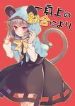  ahoge animal_ears bad_id bad_pixiv_id blush bow bowtie capelet cowboy_shot cutout dress ears_through_headwear embarrassed grey_dress grey_hair hood jewelry long_sleeves looking_at_viewer mouse_ears mouse_tail nazrin necklace puffy_long_sleeves puffy_sleeves red_background red_eyes short_hair simple_background solo tail tomobe_kinuko touhou yellow_bow yellow_neckwear 