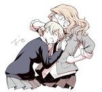  blonde_hair blush closed_eyes darjeeling girls_und_panzer hand_on_another's_chest hand_on_own_face hands_on_hips kay_(girls_und_panzer) laughing long_hair multiple_girls necktie oono_tsutomu saunders_school_uniform school_uniform short_hair simple_background skirt sleeves_rolled_up st._gloriana's_school_uniform sweater white_background 