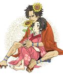  1boy 1girl barefoot brown_eyes brown_hair earring feet flower fuu geta japanese_clothes kimono mugen open_mouth samurai_champloo short_hair soles sunflower tattoo 