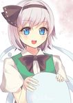  :d black_bow black_hairband black_neckwear blue_eyes blush bow bowtie commentary_request culter green_vest hairband konpaku_youmu konpaku_youmu_(ghost) looking_at_viewer open_mouth puffy_short_sleeves puffy_sleeves shirt short_hair short_sleeves silver_hair smile solo touhou twitter_username upper_body vest white_shirt 