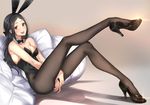  :d animal_ears bad_id bad_twitter_id black_eyes black_hair blush breasts bunny_ears bunnysuit cleavage fang fishnet_pantyhose fishnets high_heels leg_up long_hair looking_at_viewer medium_breasts mole mole_under_eye open_mouth original pantyhose pillow sitting smile solo tsukino_wagamo 