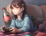  animal brown_hair cat coca_cola couch cropped drink game_console hoodie kotikomori long_hair original red_eyes 