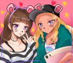  2girls :p amamiya_erena amanogawa_kirara animal_ears bangs baseball_cap black_hat black_shirt blonde_hair blurry blurry_foreground breasts brown_hair cellphone chest_tattoo cleavage closed_mouth collarbone commentary_request dark_skin depth_of_field ear_piercing earrings eyebrows_visible_through_hair fake_animal_ears go!_princess_precure green_hoodie hairband hand_up hat heart holding holding_phone hood hoodie hoop_earrings jewelry long_hair long_sleeves looking_at_viewer medium_breasts mole mole_under_eye multiple_girls nail_polish necklace open_clothes open_hoodie phone piercing pink_background precure purple_eyes purple_hairband red_nails rudo_(rudorudo0917) self_shot shiny shiny_hair shirt sidelocks sleeves_past_wrists smartphone smile star star_twinkle_precure striped striped_shirt tattoo tongue tongue_out upper_body v whisker_markings white_shirt 