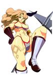  abs amazon_(dragon&#039;s_crown) amazon_(dragon's_crown) bikini_armor blonde_hair blue_eyes circlet curly_hair muscle solo weapon xugashi 