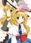  alice_margatroid back-to-back blonde_hair blue_eyes bow capelet futami_yayoi hat hat_bow kirisame_marisa multiple_girls touhou witch_hat yellow_eyes yuri 