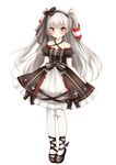  adapted_costume amatsukaze_(kantai_collection) bangs bare_shoulders black_footwear blush brown_eyes collarbone dress full_body hair_tubes hat kantai_collection long_hair mini_hat nikoo shoes short_dress silver_hair simple_background solo standing two_side_up white_background white_legwear 