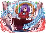  ;) brown_skirt commentary_request danmaku foreshortening full_body hair_ornament hoshitetsu_ringo indian_style juliet_sleeves leaf_hair_ornament long_sleeves looking_at_viewer mirror ofuda onbashira one_eye_closed puffy_sleeves purple_hair red_eyes red_shirt rope sandals shimenawa shirt short_hair sitting skirt smile snake solo touhou white_background yasaka_kanako 