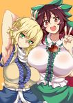  :d aoi_manabu arm_up armpits blonde_hair bow breasts brown_eyes brown_hair commentary_request double_v fang green_eyes hair_bow huge_breasts large_breasts lips looking_at_viewer mizuhashi_parsee multiple_girls open_mouth pointy_ears pose red_eyes reiuji_utsuho round_teeth shirt skirt smile sweat teeth third_eye toned touhou v 