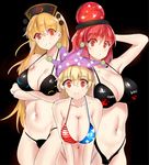  :o american_flag_bikini bangs bikini black_background black_bikini blonde_hair blush breasts cleavage clothes_writing clownpiece collarbone commentary_request flag_print hat hecatia_lapislazuli jester_cap junko_(touhou) large_breasts leaning_forward long_hair looking_at_viewer multiple_girls navel polka_dot polos_crown red_eyes red_hair rinaka_moruchi simple_background smile strap_gap swimsuit touhou wide_hips 