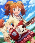  ahoge bass_guitar blue_eyes bracelet brown_skirt closed_eyes cloud day fender_mustang floral_print flower frilled_skirt frills hair_flower hair_ornament hood hoodie idolmaster idolmaster_(classic) idolmaster_million_live! instrument jewelry light_particles meadow multiple_girls necklace official_art open_mouth orange_hair outdoors puffy_short_sleeves puffy_sleeves red_skirt short_sleeves skirt sky sweat takatsuki_yayoi twintails yabuki_kana 