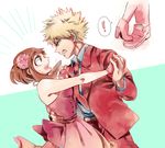  /\/\/\ 1boy 1girl alternate_costume arm_around_waist bad_id bad_pixiv_id bakugou_katsuki bangs bare_shoulders bead_necklace beads belt black_eyes blonde_hair blue_shirt blush boku_no_hero_academia brown_eyes brown_hair collared_shirt dancing dress dress_shirt eye_contact eyelashes fingerless_gloves flower formal from_side furrowed_eyebrows gloves hair_flower hair_ornament high_heels holding_hands jacket jewelry long_sleeves looking_at_another motion_lines multiple_views necklace necktie open_mouth outstretched_arm pants pearl_necklace pink_dress pink_gloves profile red_jacket red_neckwear red_pants reiquil shirt shoes short_dress short_hair sidelocks speech_bubble spiked_hair spoken_exclamation_mark stepped_on strapless strapless_dress suit sweat uraraka_ochako wavy_mouth 