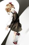  arched_back black_dress blonde_hair dress gorilla_(bun0615) hair_ribbon highres long_sleeves mary_janes open_mouth red_eyes ribbon rumia shirt shoes short_hair smile solo touhou 