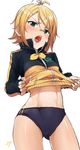  :o ass_visible_through_thighs bandaid bandaid_on_nose bangs blonde_hair blue_eyes blush breasts buruma clothes_writing copyright_name cowboy_shot eyebrows eyebrows_visible_through_hair eyelashes hair_between_eyes hair_ornament hairclip high_collar jacket kagamine_rin lifted_by_self long_sleeves looking_at_viewer number open_mouth project_diva_(series) project_diva_f shift_(waage) shirt_lift short_hair signature simple_background small_breasts solo stomach stylish_energy_(module) swept_bangs teeth tongue topknot track_jacket treble_clef v-shaped_eyebrows vocaloid white_background zipper 