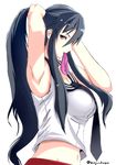  adjusting_hair arm_up armpits arms_behind_head black_hair bondo_(borndragon) breasts hand_in_hair highres kantai_collection large_breasts long_hair looking_at_viewer looking_to_the_side mouth_hold necktie no_gloves ponytail red_eyes school_uniform serafuku sleeveless solo twitter_username tying_hair yahagi_(kantai_collection) 