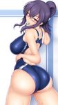  ass bare_shoulders blush breasts competition_swimsuit glasses highres huge_ass large_breasts one-piece_swimsuit ponpo purple_eyes purple_hair senran_kagura senran_kagura_burst short_hair solo suzune_(senran_kagura) sweat swimsuit thick_thighs thighs whistle wide_hips 
