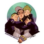  black_hair blonde_hair closed_eyes dollar_sign facial_mark frown gakuran group_hug hat higashikata_jousuke hirose_kouichi hug jojo_no_kimyou_na_bouken kuujou_joutarou multicolored_hair multiple_boys nijimura_okuyasu pompadour rainbowthinker school_uniform signature smile two-tone_hair watermark web_address yellow_eyes 